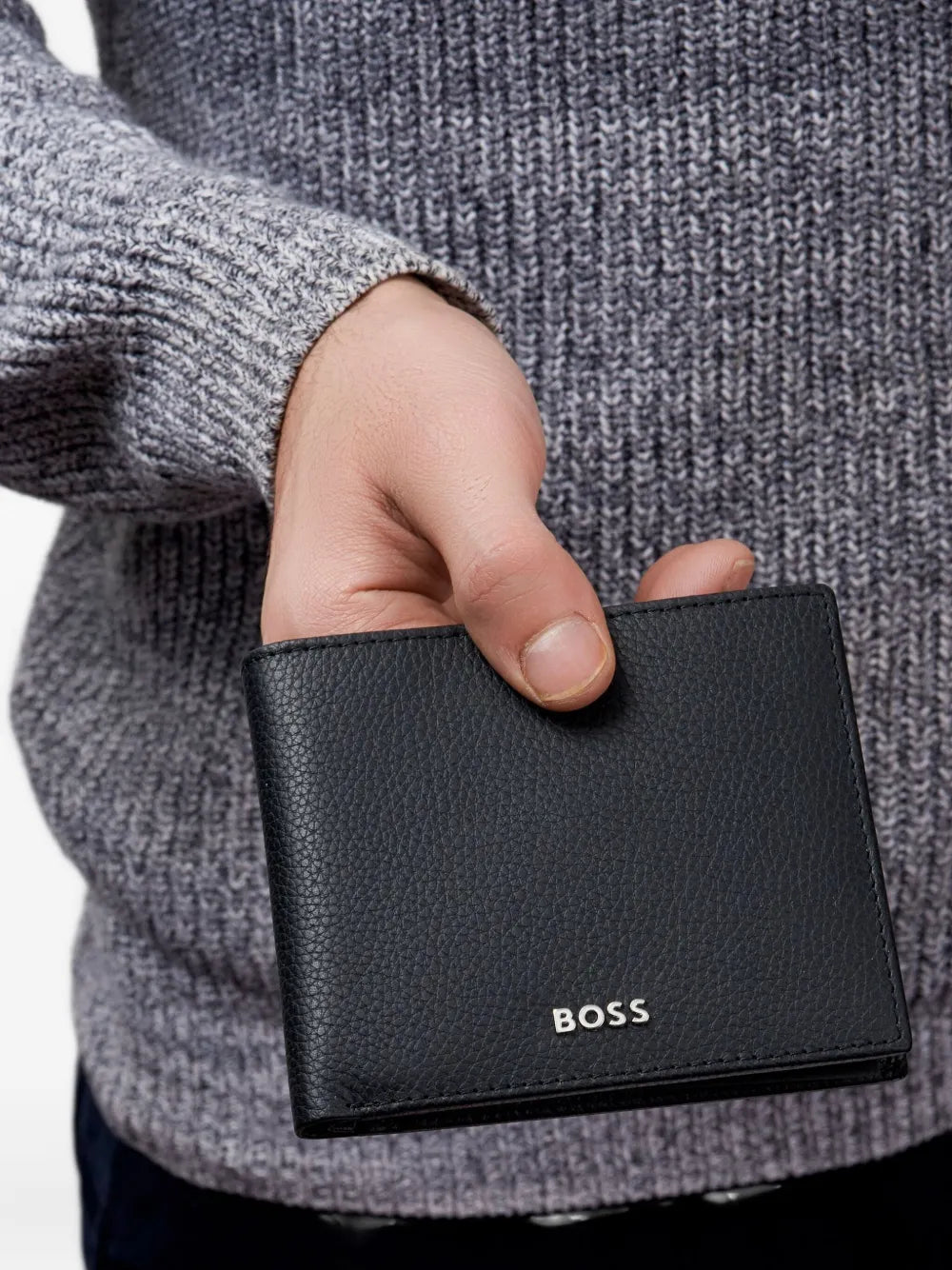 Portefeuille BOSS Signature Stripe à deux volets | Cuir noir mat