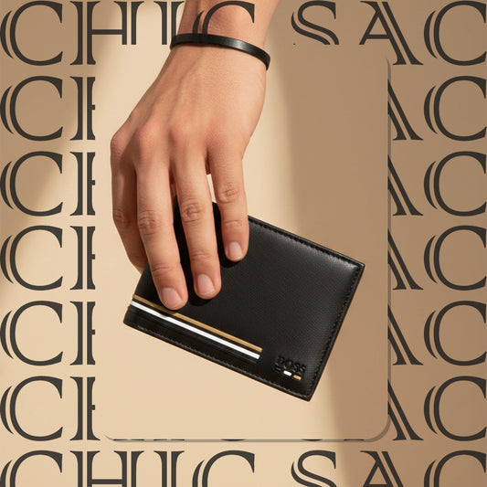 Portefeuille BOSS Signature Stripe à deux volets | Cuir noir mat
