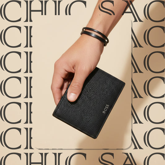 Portefeuille BOSS Signature Stripe à deux volets | Cuir noir mat